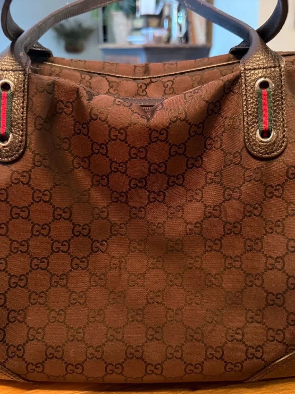 Gucci $1027 GG Canvas & Leather Princy Tote in Dark Brown